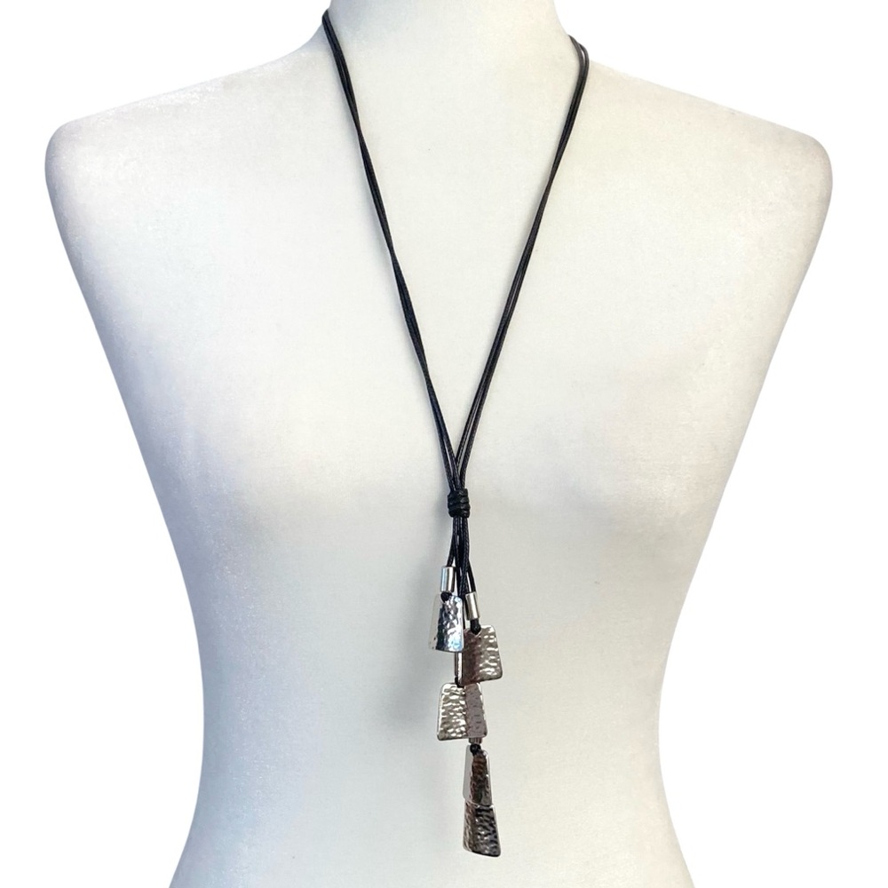 Chico’s Hammered Silver Long Necklace Black Cord